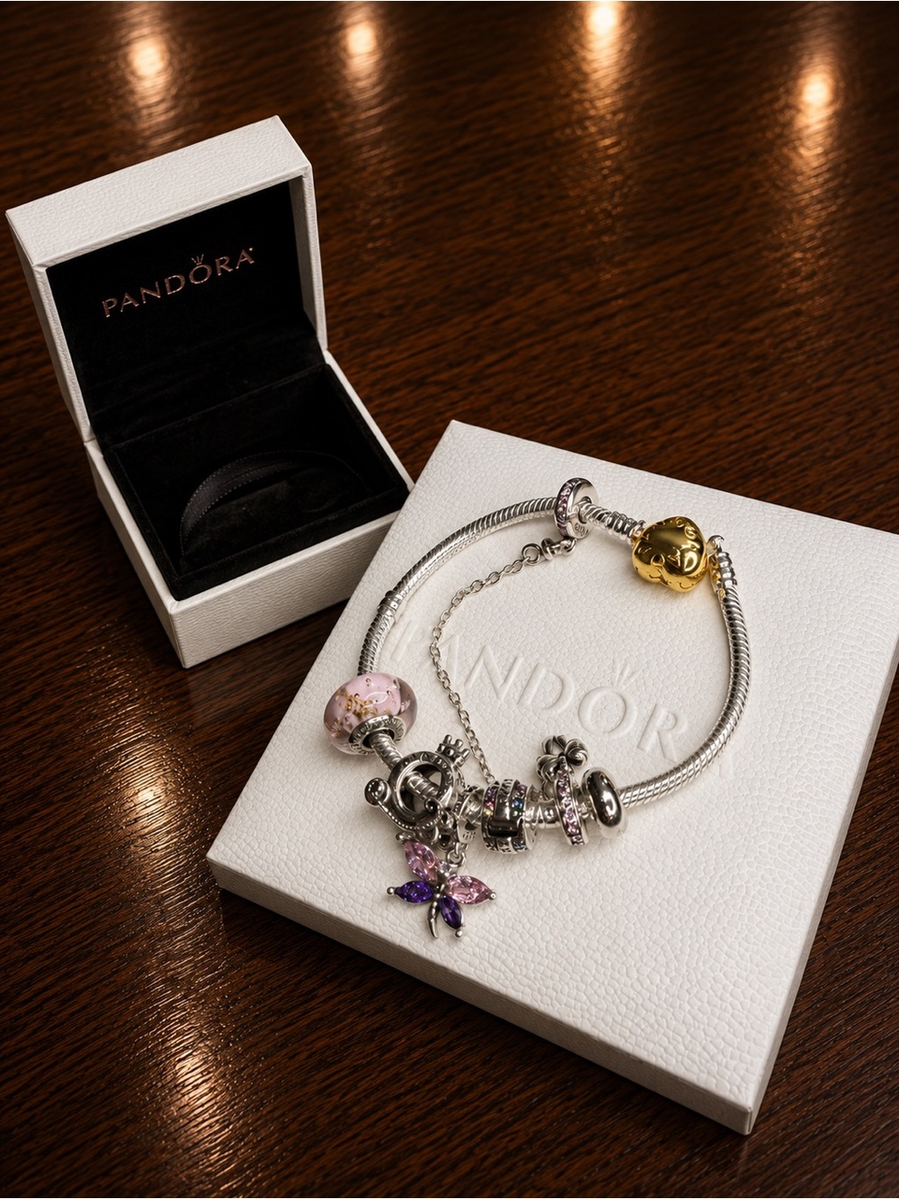 Pandora Silver Bracelet with Pink, Gold and Purple Charms